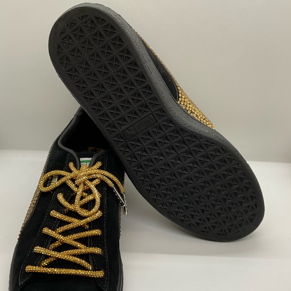PUMA SUEDE CLASSIC Sneakers Womans 8 W/GOLD Swavorski Stones & Laces! BLK/BLK - Picture 8 of 12